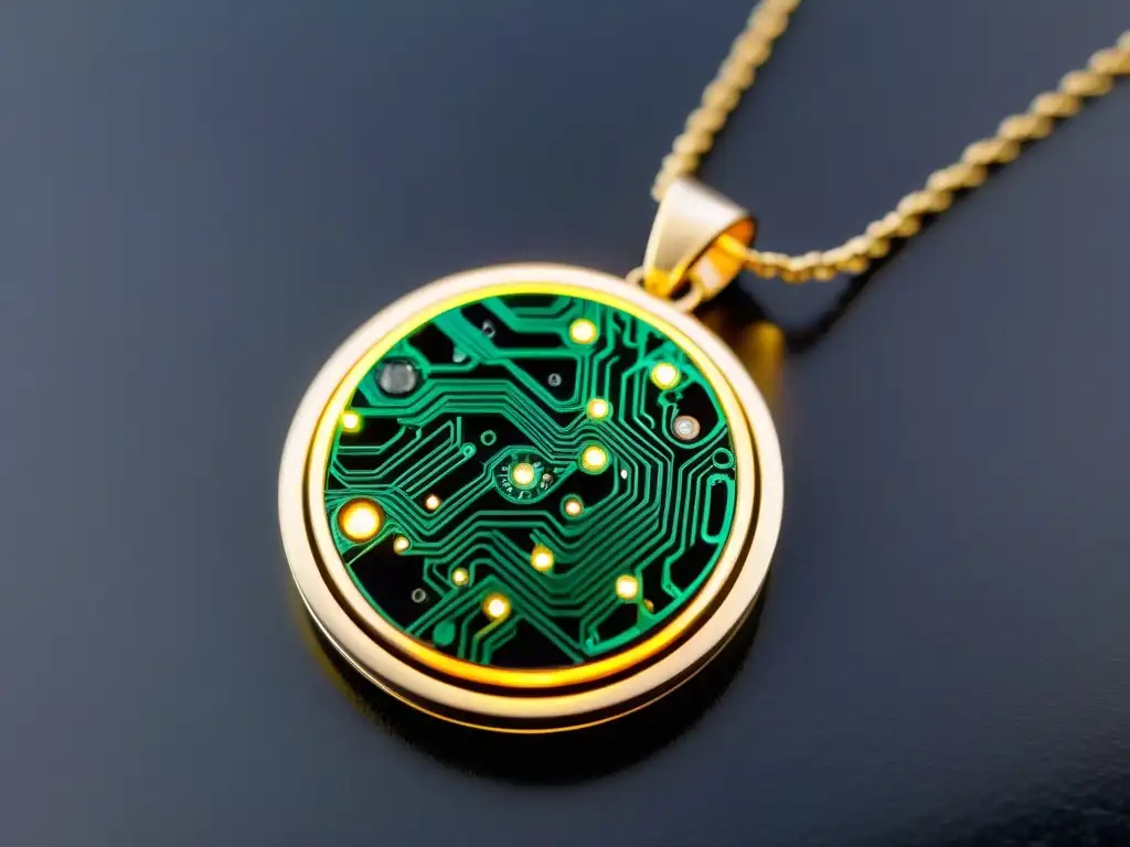 Colgante de circuitos: arte reciclado brillante Detallada joya de diseño con circuitos de microondas reciclados, iluminada como una constelación en terciopelo negro