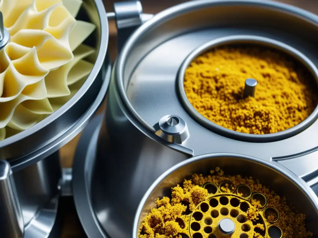 Detalles vintage: procesador de alimentos manual con contrastes impactantes Detalle de una antigua batidora de alimentos manual, mostrando sus intrincados engranajes metálicos y restos de comida