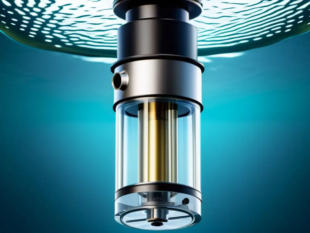 Bomba de agua sumergible de alta tecnología: precisión y eficiencia Detalle de una bomba de agua sumergible eficiente, con tecnología de vanguardia y diseño metálico elegante, rodeada de agua cristalina