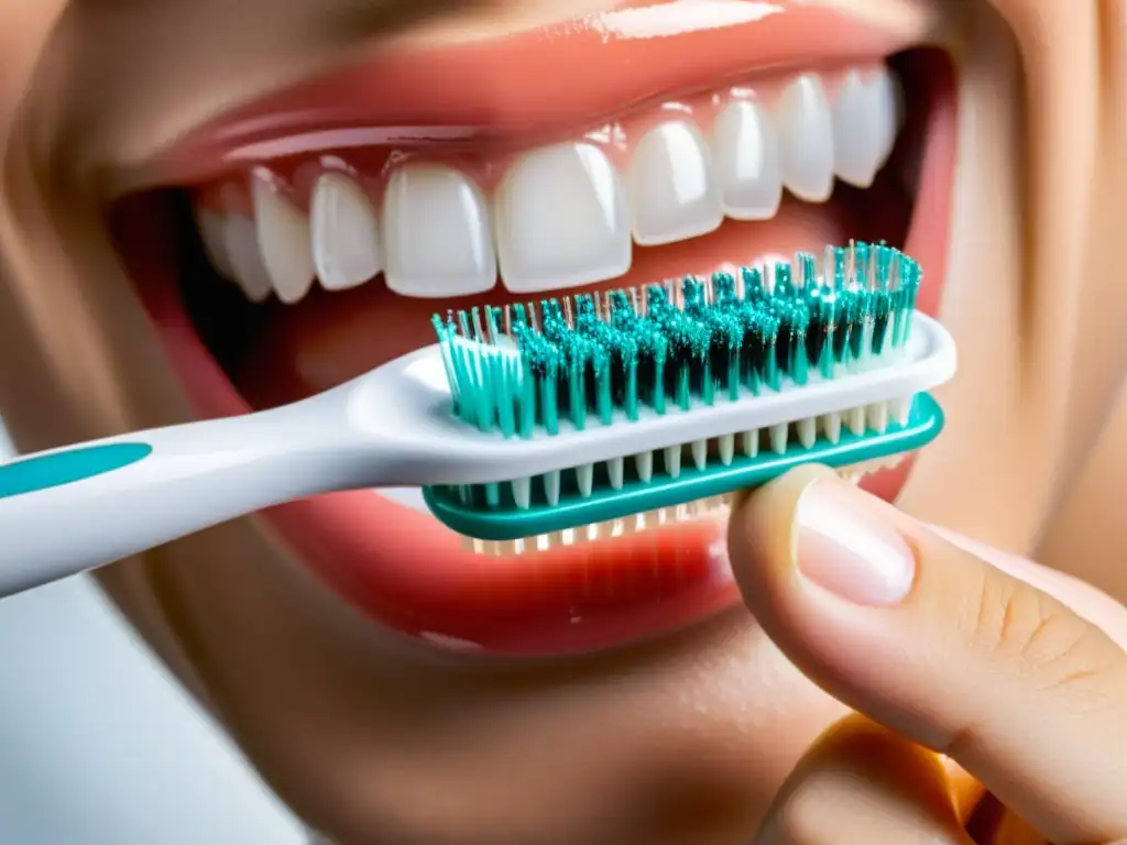 Detalle impecable de cepillo dental manual junto a sonrisa radiante Detalle de un cepillo de dientes manual sostenido en una mano, con cerdas visibles y un fondo de una sonrisa blanca radiante