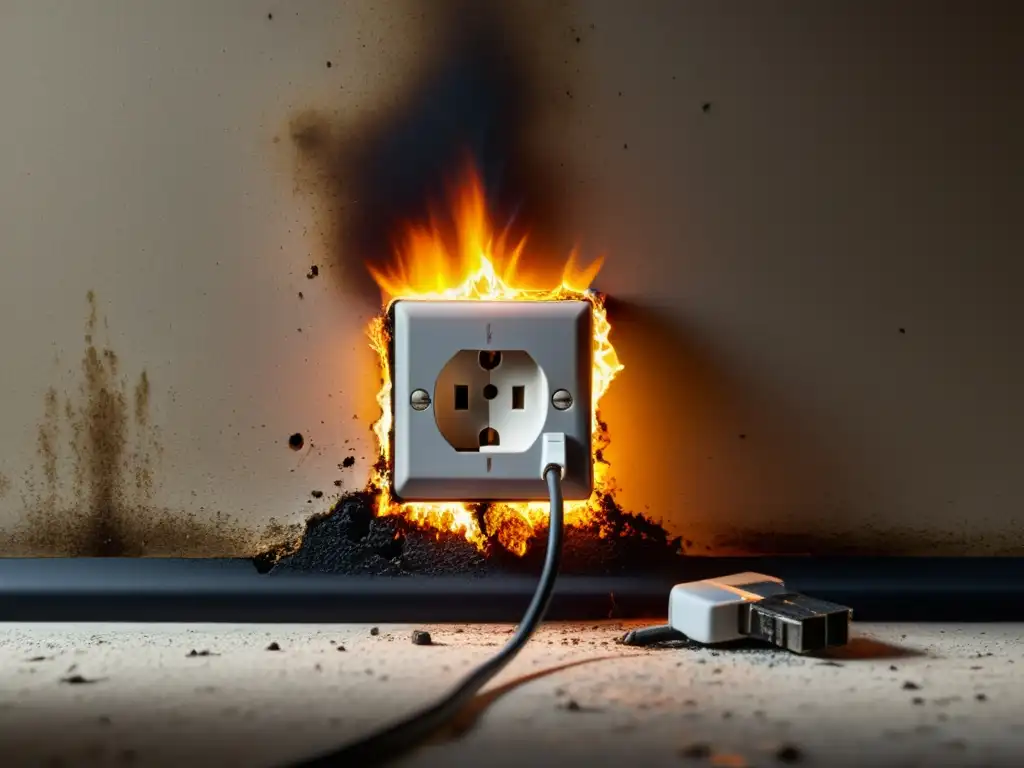 Tomacorriente quemado: peligros y urgencia de reparación Detalle de un enchufe eléctrico quemado con marcas de carbonización, cableado dañado y material de pared chamuscado