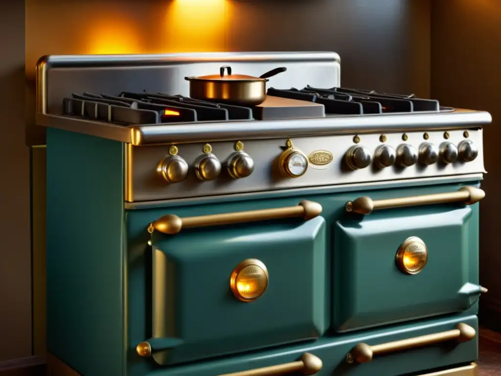 Estufa de gas antigua: detalle y calidez Detalle de estufa de gas antigua con intrincados detalles metálicos y perillas, en una cocina vintage iluminada suavemente