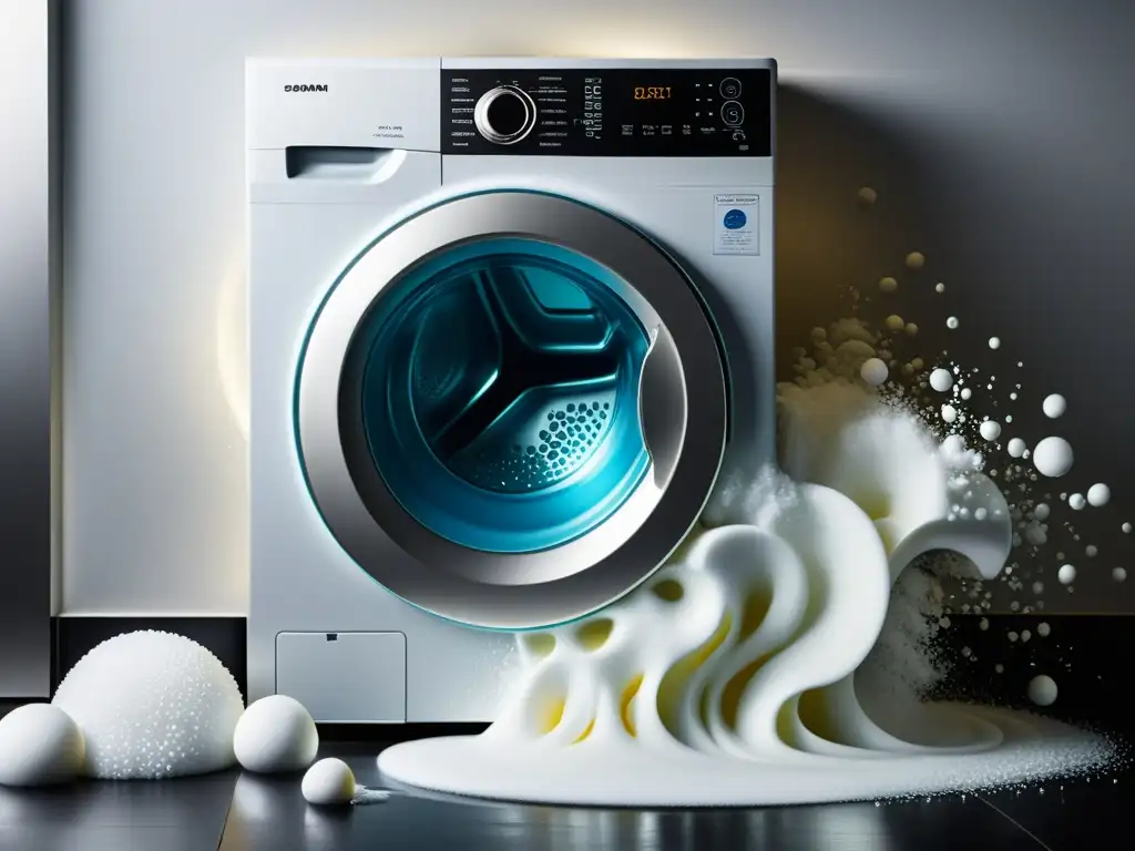 Espuma exuberante: lavadora moderna desbordando Detalle de exceso de espuma en lavadora de carga frontal, resaltando la necesidad de soluciones para el exceso de espuma