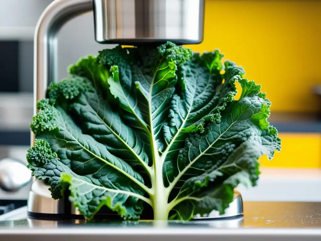 Extracción de jugo de kale: belleza en acción Detalle de extractor de jugos en cocina moderna, destacando la extracción de jugo de hoja de col rizada