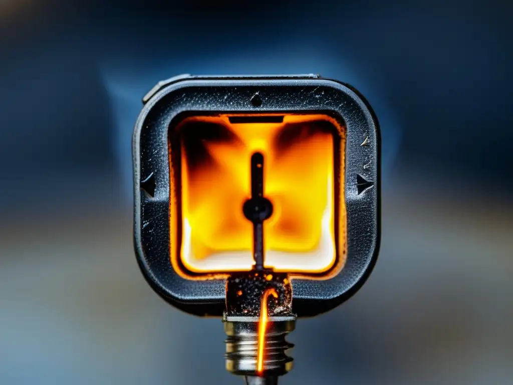 Enchufe eléctrico carbonizado: detalle impactante Detalle impresionante de un enchufe eléctrico quemado con signos visibles de daño y plástico derretido