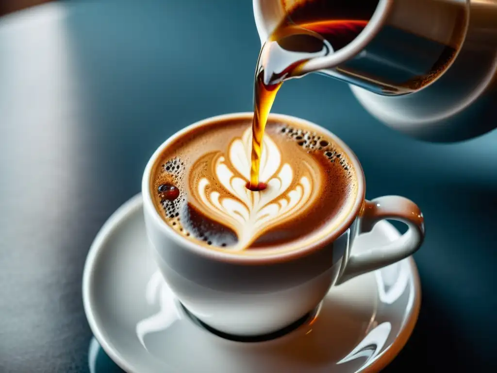 Espresso perfecto: Detalles de crema y café Detalle impresionante de café recién hecho en la De'Longhi Dinamica, con crema y vapor