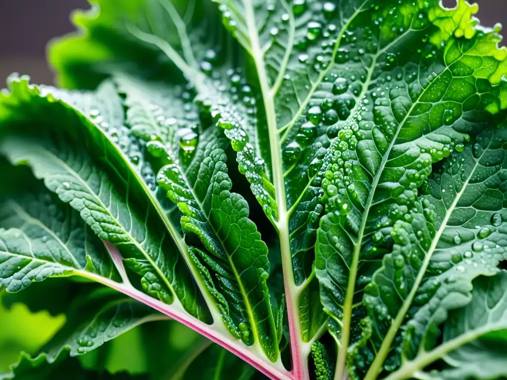 Extracción de jugo de kale: frescura y modernidad Detalle de la extracción lenta de jugo de una hoja de col rizada en un moderno extractor