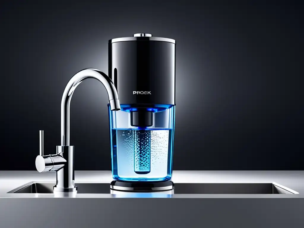 Sistema de Filtración de Agua de Alta Tecnología: Pureza Cristalina Detalle de un moderno sistema de filtración de agua con grifo de alta tecnología