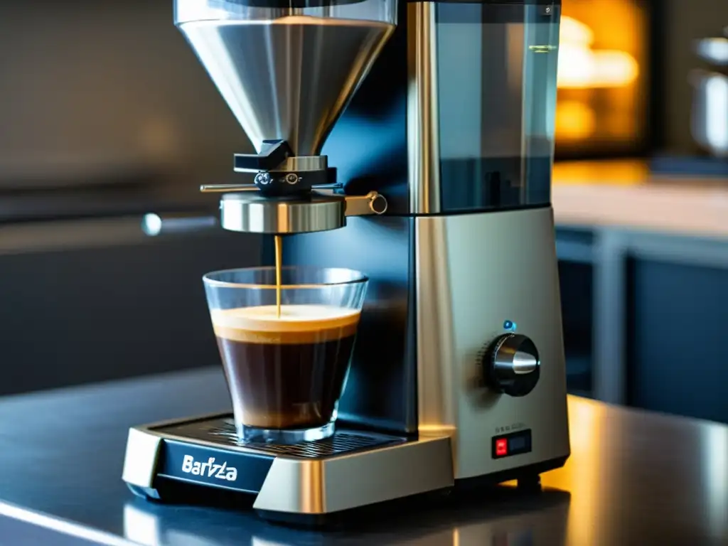 Molienda precisa: Baratza Encore en acción Detalle del molinillo de café Baratza Encore en acción, con enfoque en el mecanismo de molienda y el café recién molido cayendo en un portafiltro