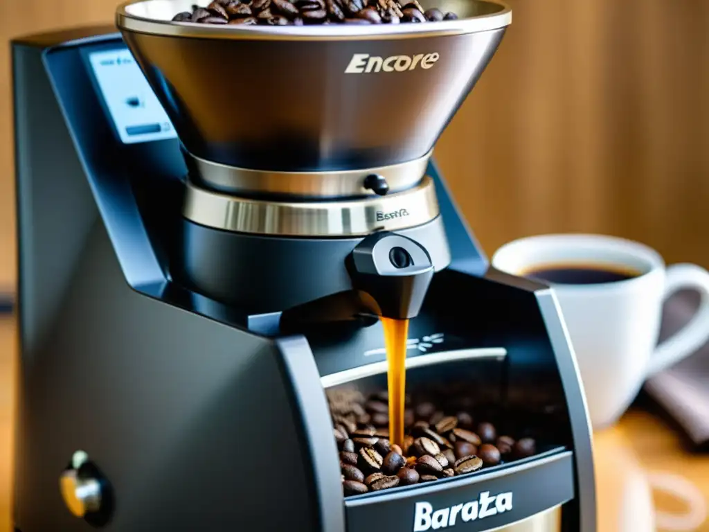 Molienda de café de precisión: Baratza Encore en acción Detalle del molinillo de café Baratza Encore en acción, moliendo granos con precisión