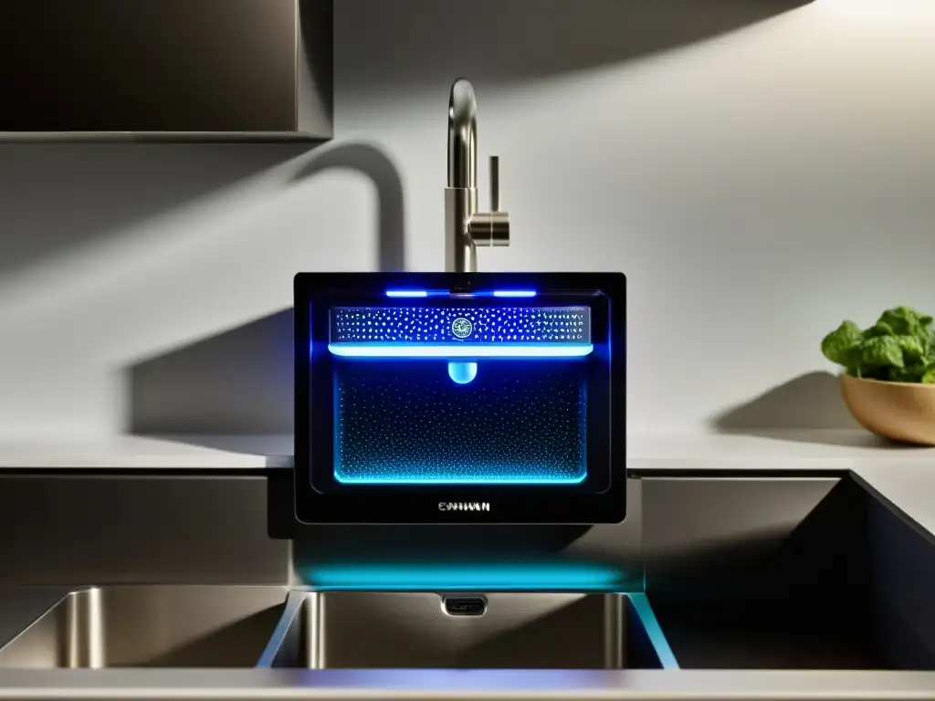Sistema de filtración de agua ultramoderno bajo el fregadero Detalle de sistema de filtrado de agua de alta tecnología en cocina moderna