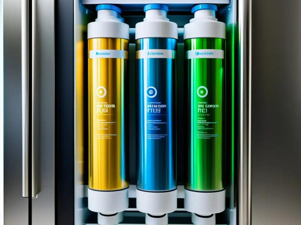 Sistema de filtración de agua para refrigerador: detalle ultradetallado Detalle del sistema de filtrado de agua en nevera, con diseño moderno y eficiente
