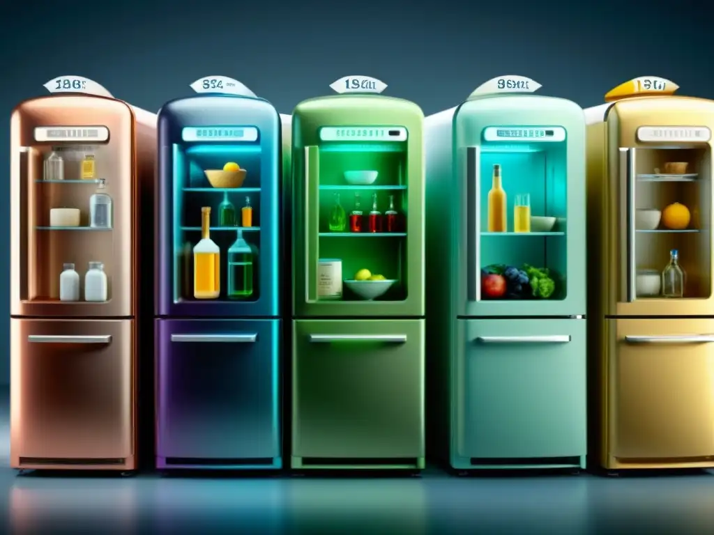 Evolution of Refrigerators: De Iceboxes a Smart Fridge Detalle de la evolución tecnológica de las neveras, desde el siglo XVIII hasta los modelos inteligentes actuales, en una línea de tiempo ilustrada