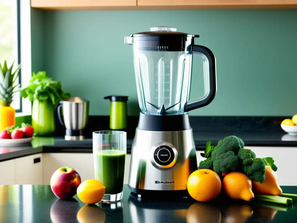 Electrodomésticos de cocina premium y jugos naturales Diferencias entre licuadoras y extractores: Cocina moderna con licuadora llena de batido verde y extractor con frutas y verduras frescas