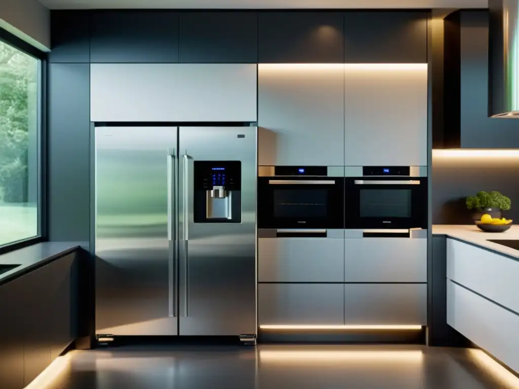 Diseño de cocina minimalista con electrodomésticos innovadores, creando una atmósfera sofisticada y acogedora