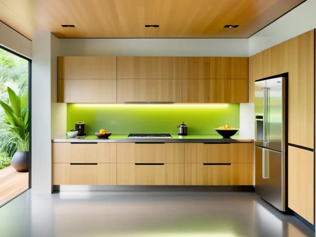 Cocina moderna con electrodomésticos eficientes y diseño ecoamigable Un diseño de cocina moderna con electrodomésticos ecológicos para el hogar en un ambiente minimalista y sostenible