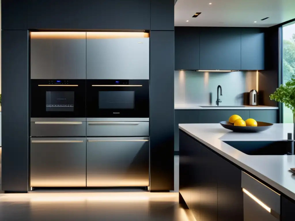 Un diseño minimalista y futurista que muestra la integración de la tecnología en electrodomésticos de cocina modernos
