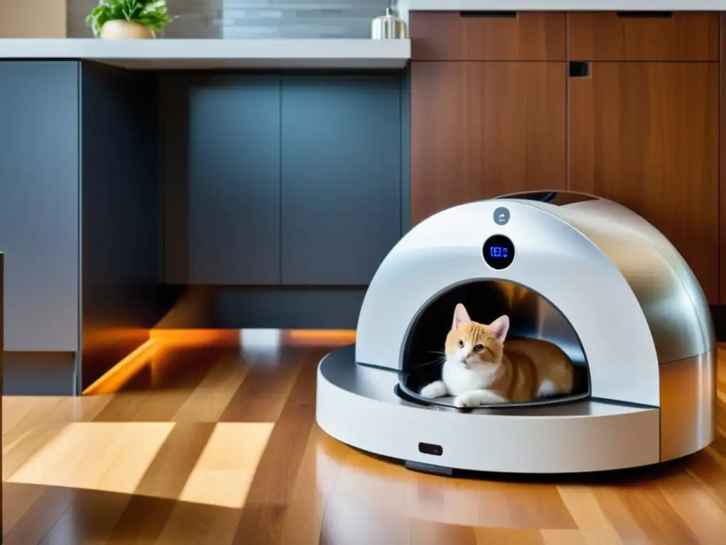 Diseño moderno de sala con domótica para mascotas en casa: lujosa cama con control de temperatura, comedero automático y cámara para mascotas