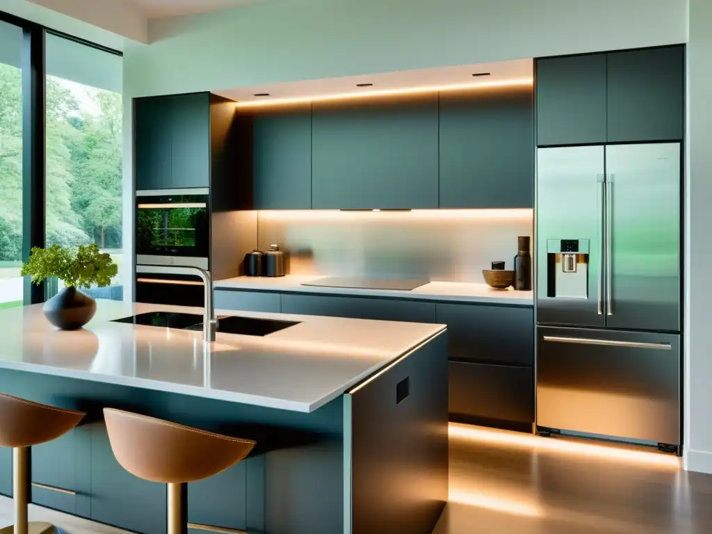 Cocina moderna con electrodomésticos integrados Diseños a medida de electrodomésticos integrados en una cocina moderna y elegante, con acabados en acero inoxidable y una iluminación LED suave que realza la estética sofisticada del espacio