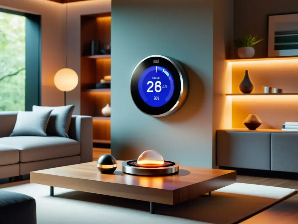 Dispositivo inteligente de salud en hogar moderno Un dispositivo inteligente para el hogar con termómetros y sensores integrados, creando un ambiente acogedor y tecnológico en la sala de estar