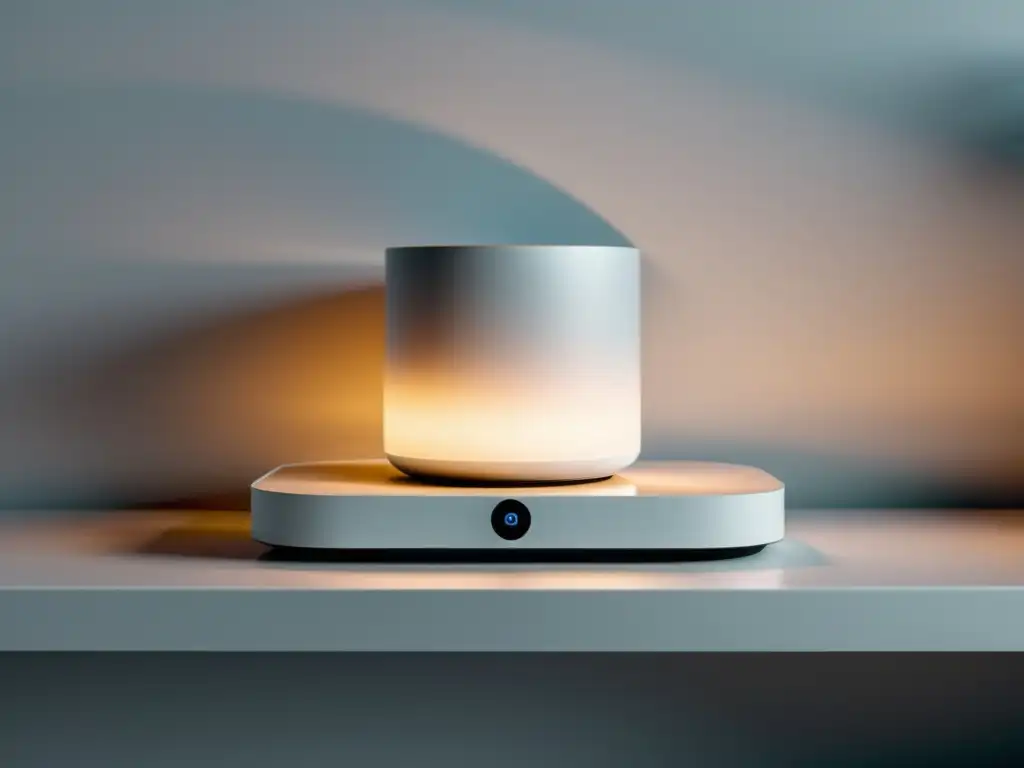 Dispositivo inteligente para hogar moderno en estante blanco Dispositivo inteligente moderno en un estante blanco, iluminado con un suave resplandor, ejemplifica soluciones tecnológicas para espacios pequeños