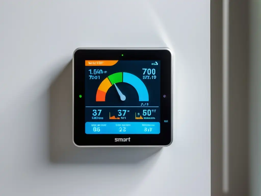 Dispositivo inteligente de monitoreo energético en hogar moderno Dispositivo de monitoreo de energía inteligente en hogar, con interfaz moderna y gráficos vibrantes para la gestión eficiente consumo energético hogar