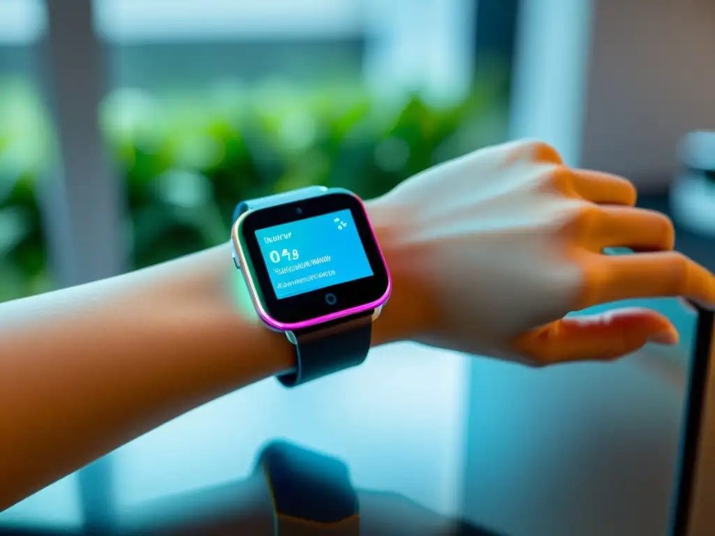 Control total: Dispositivo wearable conectado para hogar inteligente Un dispositivo wearable futurista integrado con electrodomésticos inteligentes en un hogar moderno y elegante