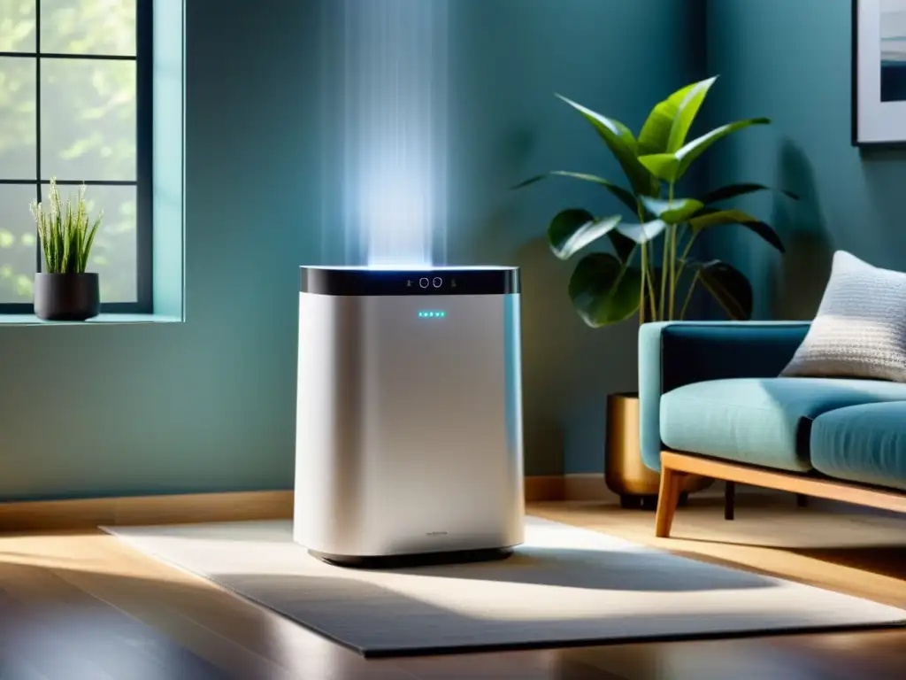 Purificador de aire moderno en sala luminosa Dispositivos autónomos para calidad del aire en un salón moderno y luminoso, con diseño minimalista y tecnología avanzada