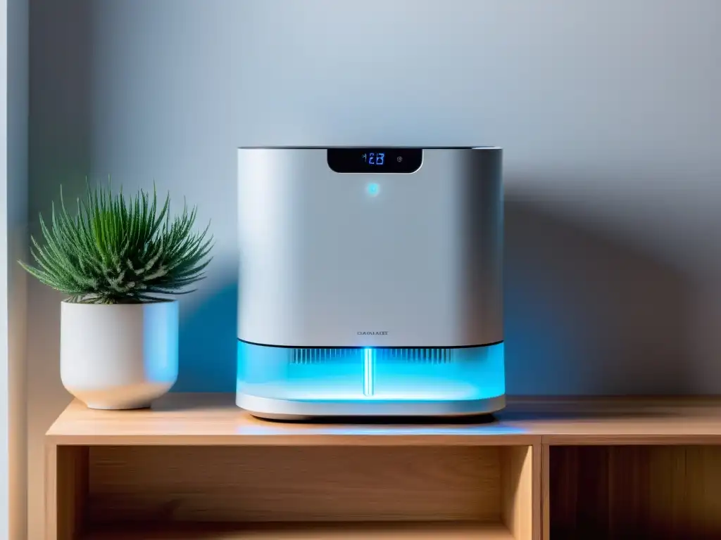 Purificador de aire moderno en ambiente sereno Dispositivos autónomos para calidad del aire: Moderno purificador de aire en estante de madera, emitiendo suave luz azul en acogedor espacio decorado