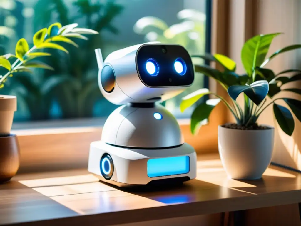 Robot de calidad del aire: tecnología limpia en casa Dispositivos autónomos para calidad del aire: robot moderno en ambiente hogareño, iluminado por luz solar, rodeado de plantas