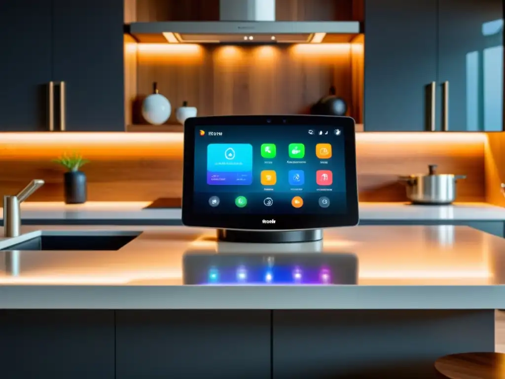 Centro inteligente para hogar moderno: eficiencia y comodidad en la cocina Dispositivos inteligentes para el hogar crean un ambiente acogedor y eficiente en una cocina moderna y minimalista