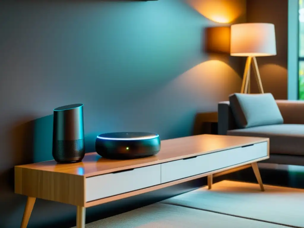 Hogar inteligente: tecnología futurista integrada en un espacio elegante Dispositivos inteligentes para el hogar en un espacio moderno y elegante con tecnología futurista integrada de forma armoniosa
