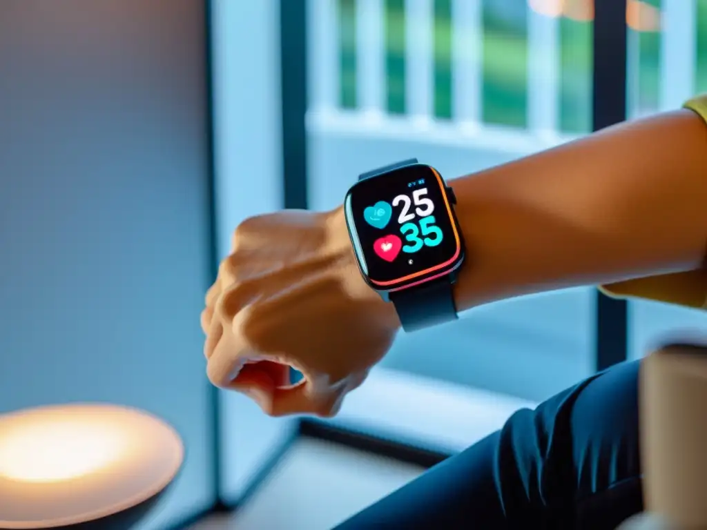Smartwatch de última generación en un entorno doméstico futurista Sincronización de dispositivos de salud en el hogar con tecnología wearable y ambiente moderno futurista