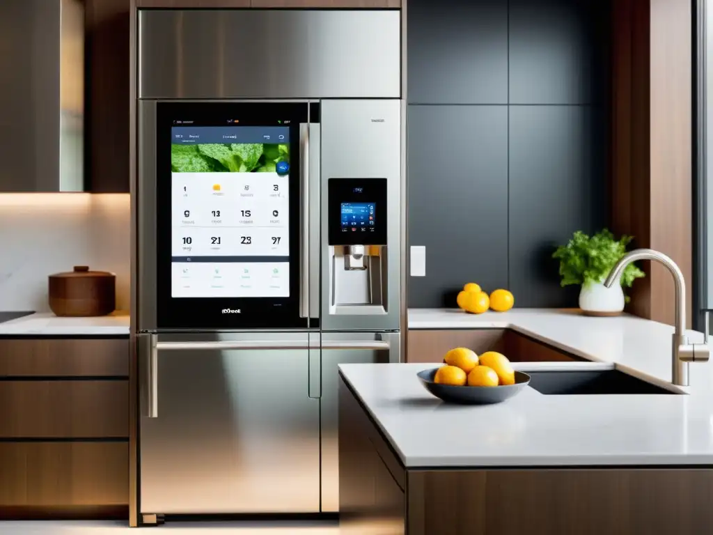 Domótica en electrodomésticos de última generación integrados en una cocina moderna y funcional, con iluminación suave y asistente virtual
