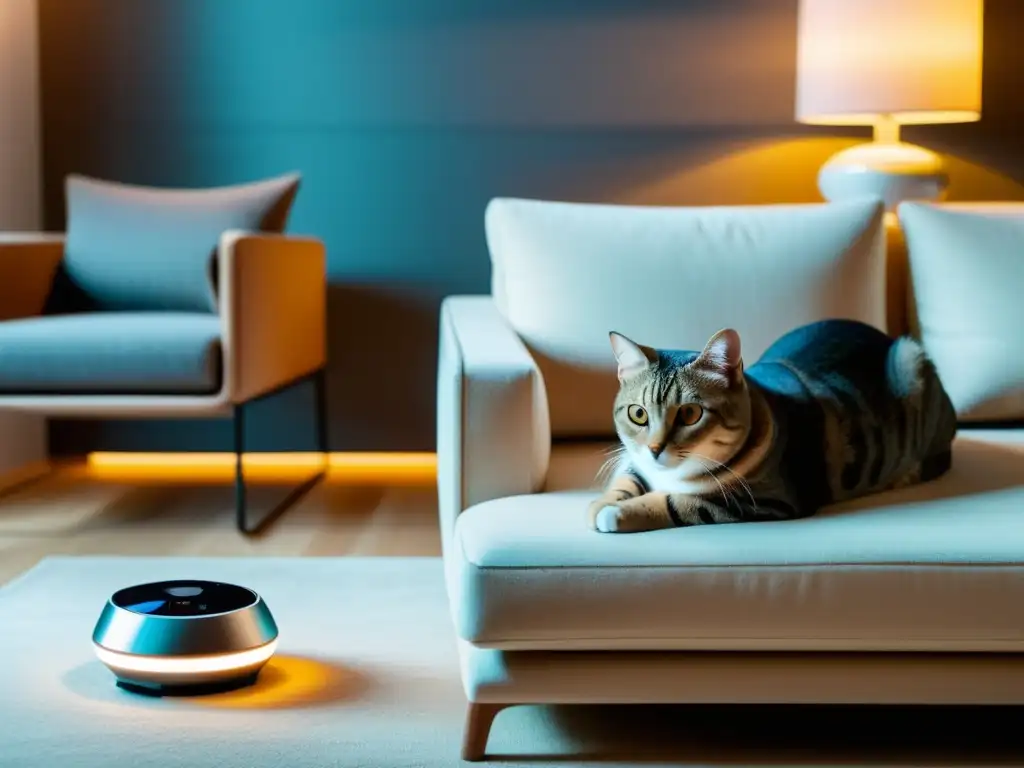 Domótica para mascotas en casa: Gato relajado en sofá junto a moderno sistema de vigilancia y alimentador automático