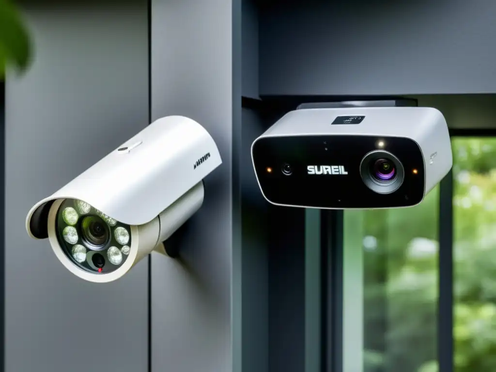 Sistema de vigilancia doméstica ultramoderno: cámaras integradas en casa minimalista Domótica en la vigilancia del hogar: Cámaras futuristas integradas en una elegante casa minimalista, garantizando una cobertura completa con detección de movimiento y visión nocturna avanzada
