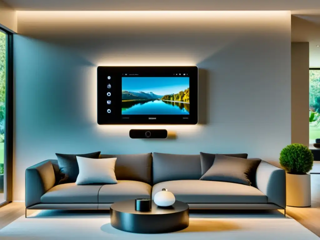 Sistema de vigilancia doméstica moderno integrado a la perfección en una sala contemporánea Domótica en la vigilancia del hogar: Integración perfecta de tecnología de seguridad avanzada en un elegante salón contemporáneo