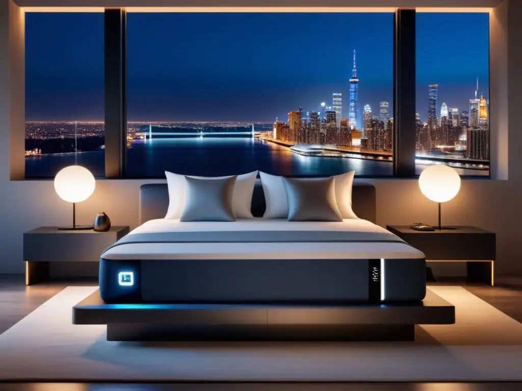 Dormitorio de lujo con colchón inteligente y vistas a la ciudad Un dormitorio moderno de lujo con colchón inteligente, descuentos en colchones inteligentes