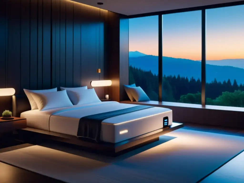 Colchón inteligente de lujo en dormitorio moderno Un dormitorio moderno de lujo con un colchón inteligente y ajustable, rodeado de ropa de cama de alta calidad