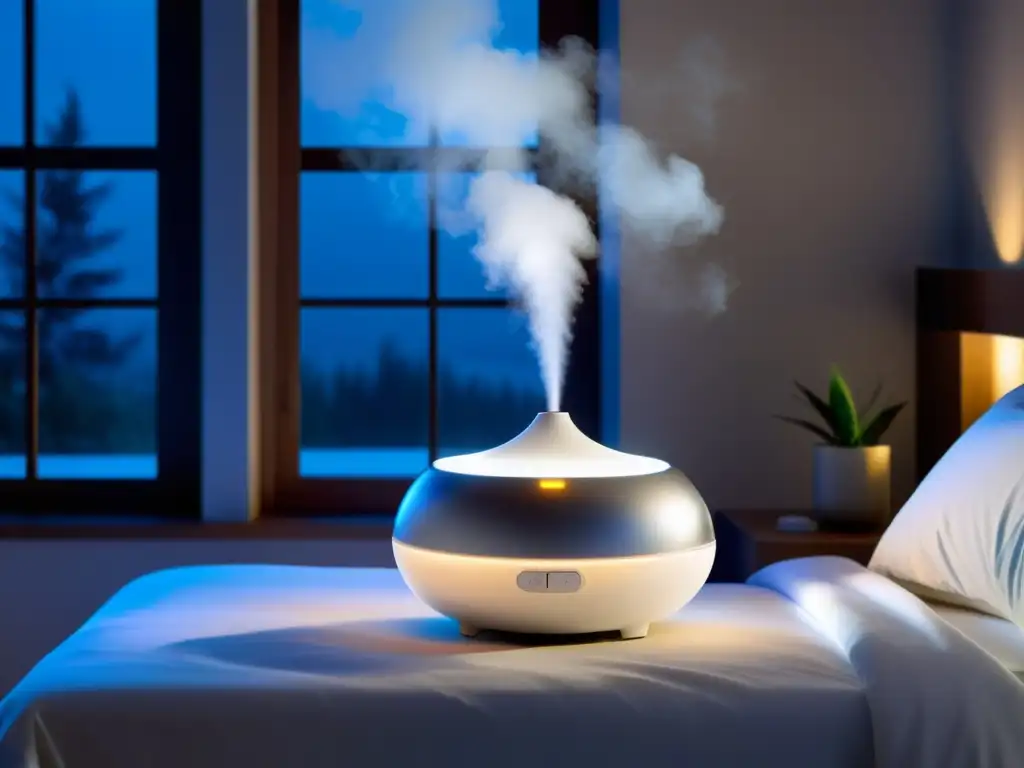 Un dormitorio moderno y sereno con un humidificador blanco emitiendo suavemente niebla, creando un ambiente tranquilo y relajante