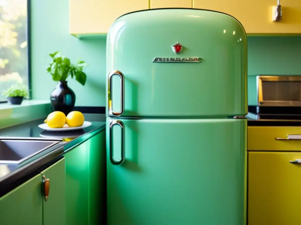 Refrigerador vintage restaurado: elegancia en verde menta Un electrodoméstico vintage en color verde menta destaca en una cocina retro