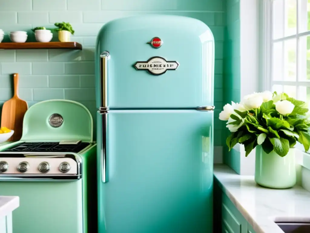 Un electrodoméstico vintage para el hogar: refrigerador azul pastel con detalles cromados, adornado con imanes retro y un ramo de flores frescas