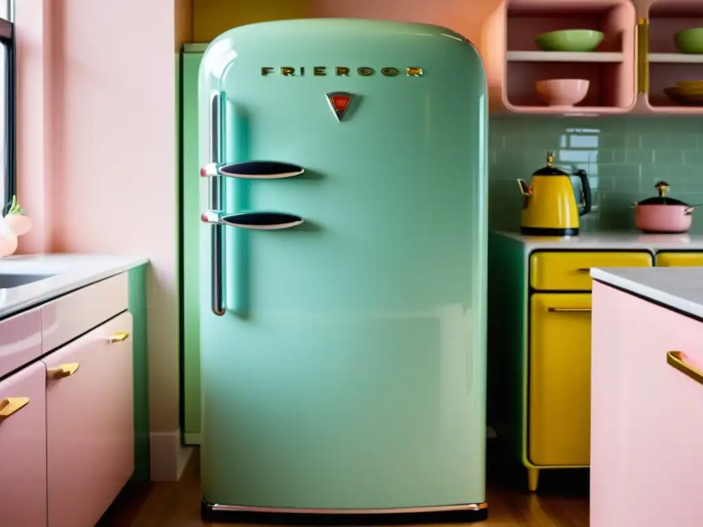 Refrigerador vintage restaurado: elegancia cromada en cocina retro Un electrodoméstico vintage restaurado con elegante diseño retro y valor atemporal