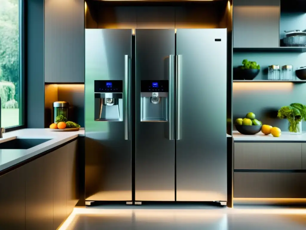 Electrodomésticos de alta eficiencia y ahorro energético en una cocina minimalista y elegante, con diseño futurista y acabado en acero inoxidable