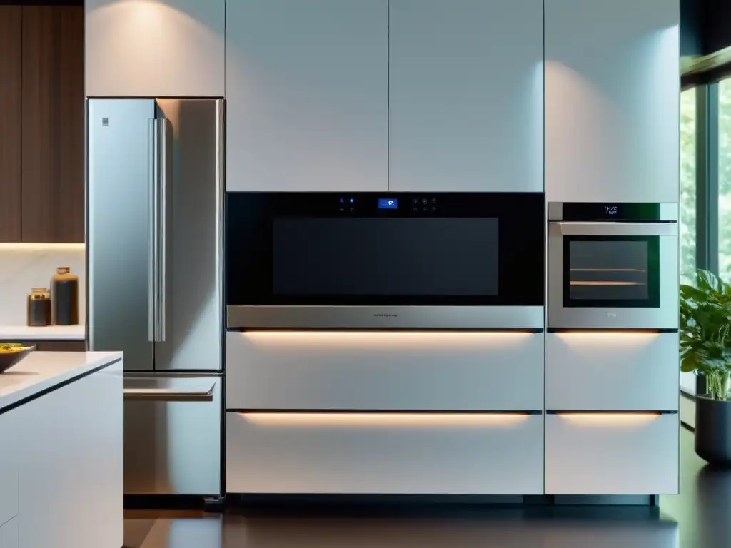 Cocina moderna con electrodomésticos inteligentes y minimalistas Electrodomésticos con asistentes de voz en una cocina moderna y elegante con luz natural y diseño minimalista