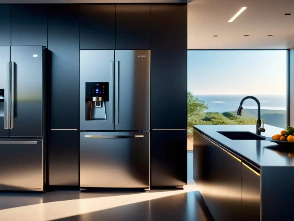 Cocina futurista con electrodomésticos controlados por voz Electrodomésticos con asistentes de voz en una cocina moderna de diseño futurista con iluminación ambiental