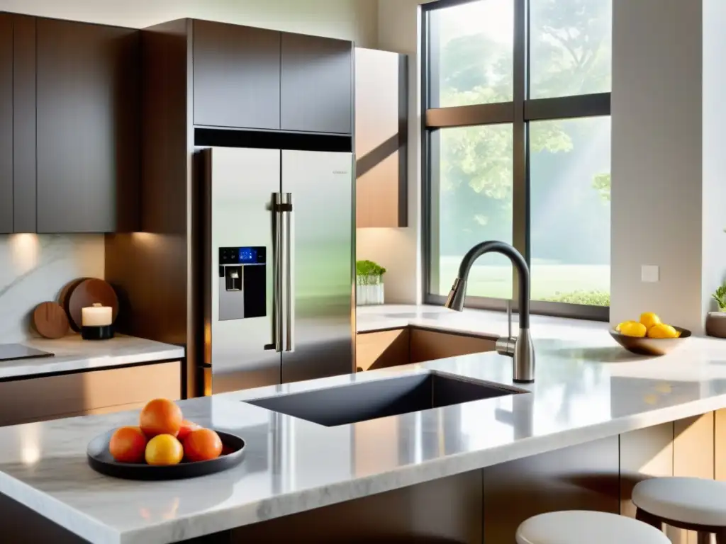 Cocina futurista inteligente: control por voz, comodidad y sofisticación Electrodomésticos con asistentes de voz en una cocina moderna y minimalista, bañada por la cálida luz del sol y una atmósfera futurista acogedora