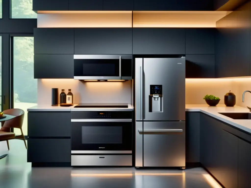 Cocina futurista con electrodomésticos inteligentes controlados por voz Electrodomésticos con asistentes de voz en una cocina moderna iluminada por LED, integrados en un diseño minimalista futurista