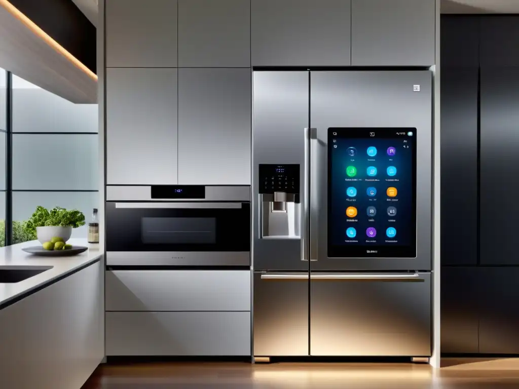 Cocina inteligente con electrodomésticos de última generación Electrodomésticos autónomos para hogar: Cocina moderna con tecnología inteligente, minimalista y hightech, con iluminación ambiental sutil