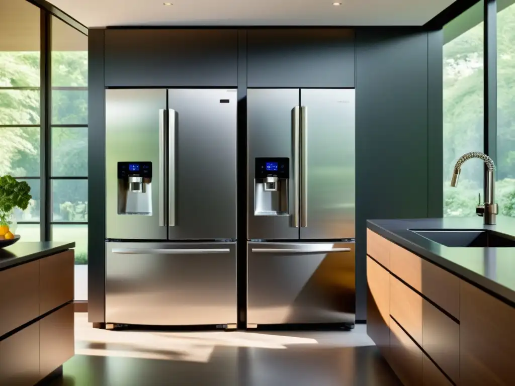 Cocina moderna con tecnología inteligente y diseño minimalista Conectar electrodomésticos autónomos hogar inteligente: Cocina moderna con tecnología, iluminación natural y asistente de voz